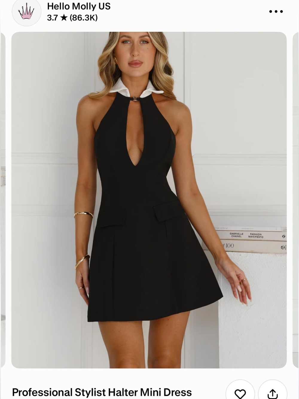 Hello Molly Black Halter Mini Dress with White Collar